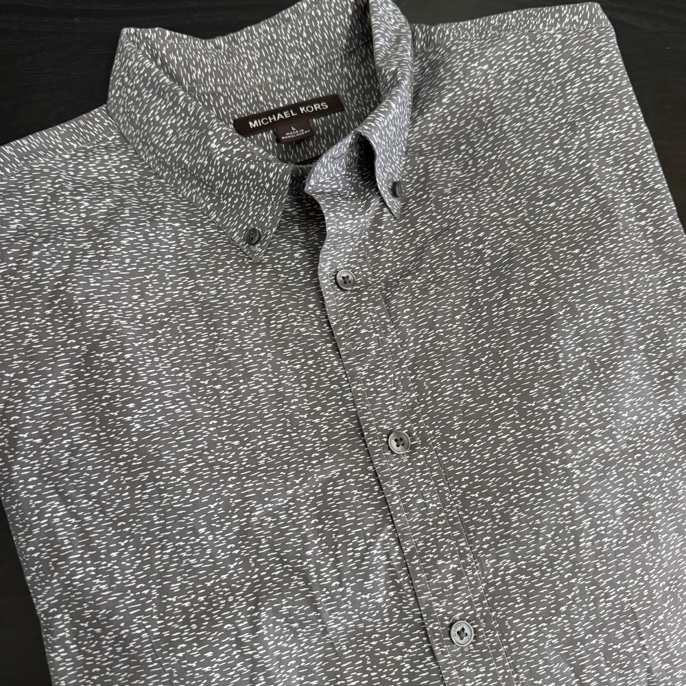 Michael Kors Cotton Shirt Mens‎ L Classic Fit Long Sleeve Button Gray Speckled